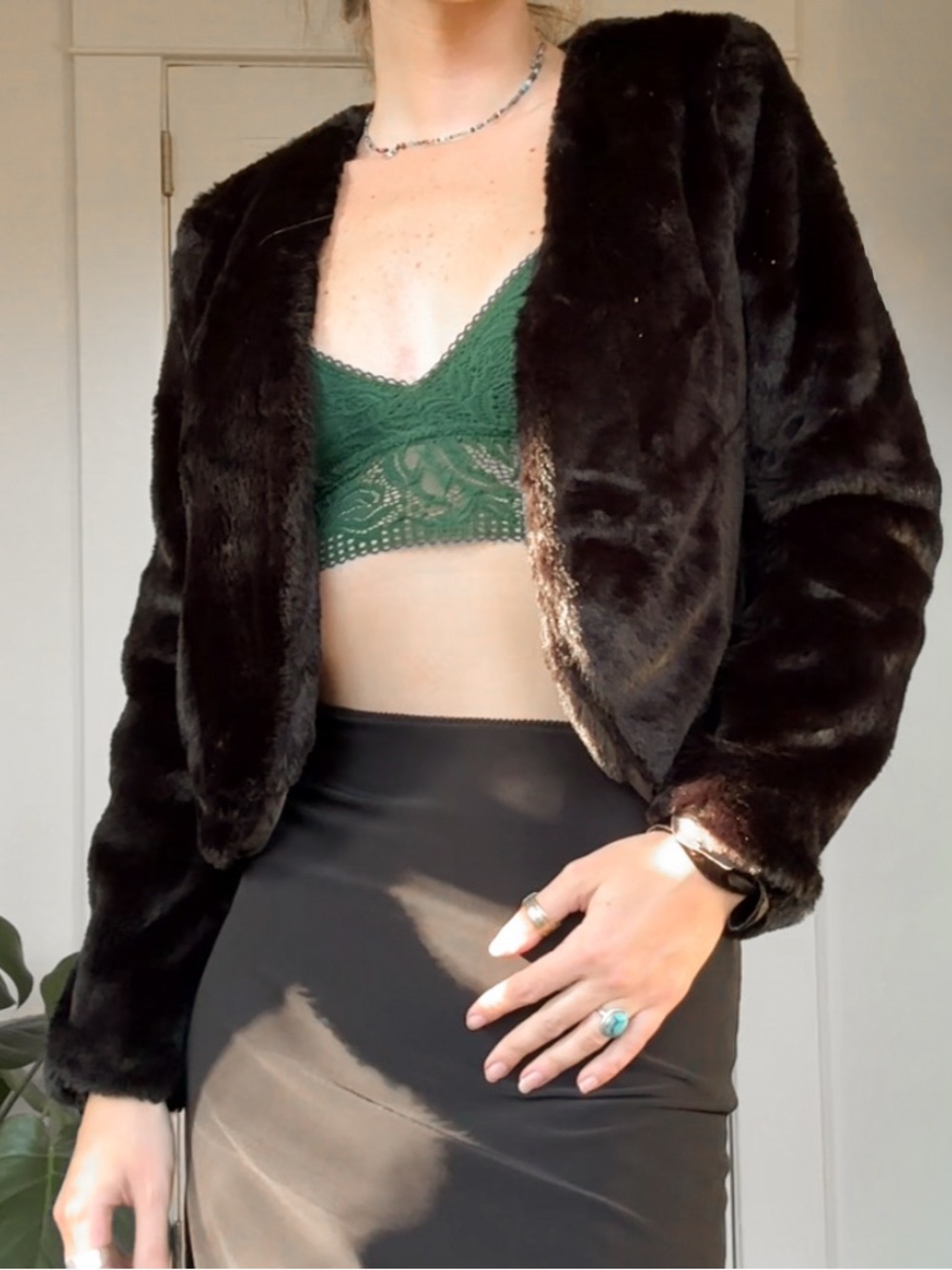 Cropped black faux fur jacket